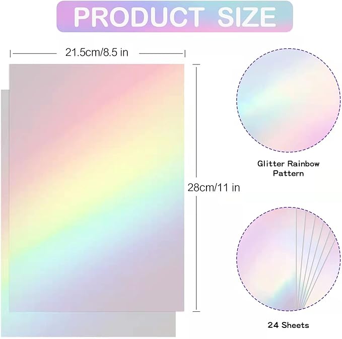 Holographic Sticker Paper, 24 Sheets Transparent Holographic Laminate Vinyl Sheets, Clear Overlay Lamination Sticker Film Self Adhesive Waterproof with Rainbow Patterns - 8.5 x 11 Inch (Laser Style)