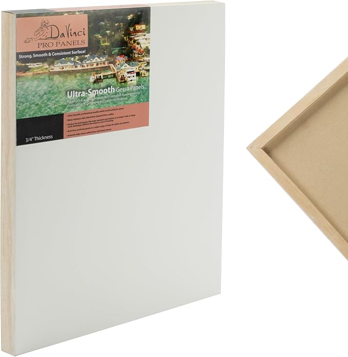 Da Vinci Pro Ultra Smooth Wood Canvas Gesso Board - 3/4" Deep, 8x8 Single White Acrylic Polymer Gesso Panels for Painting Fine Portraits and Ultra Fine Detail Illustrations and Artwork