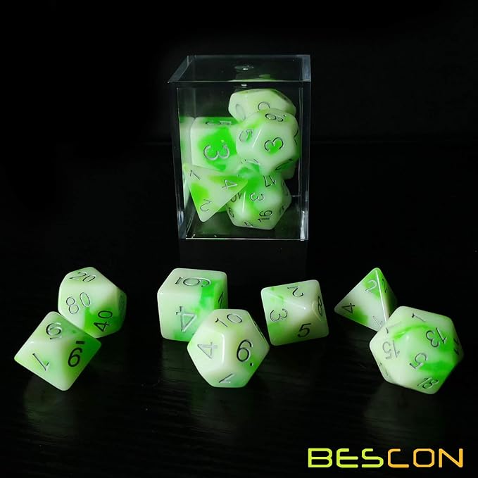 Bescon Glowing Polyhedral RPG Dice Set Luminous Jade, Bescon Glow in Dark Poly Dice Set of 7, DND Role Playing Game Dice