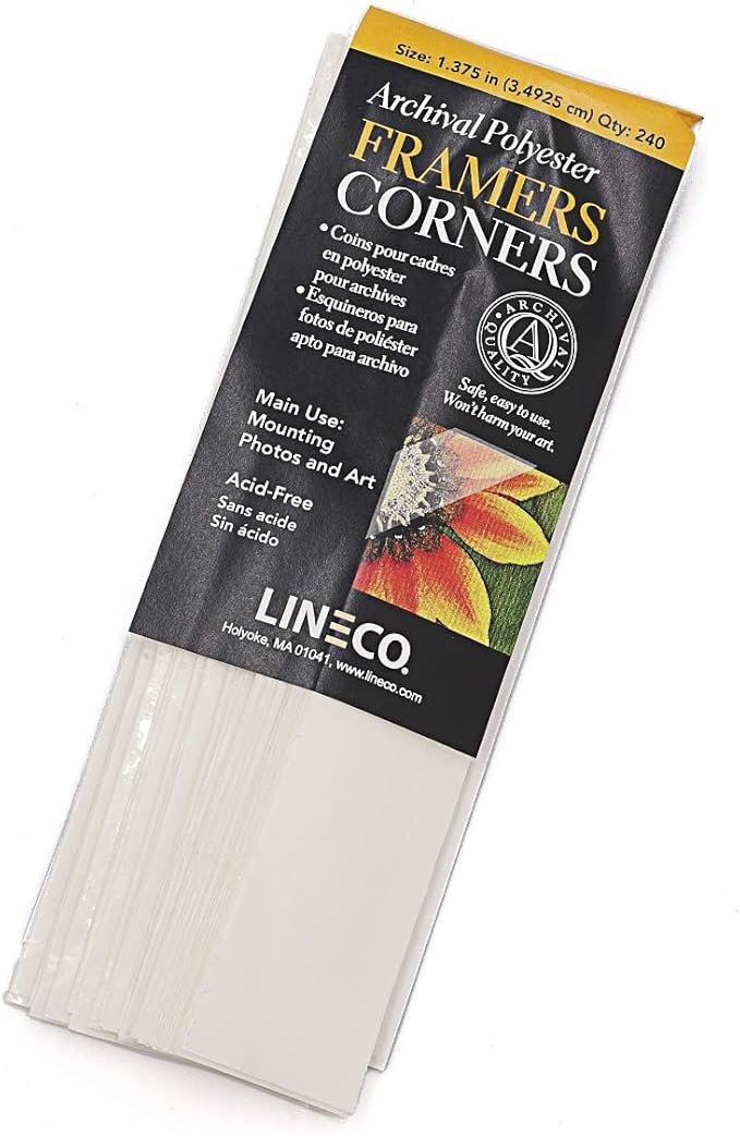 Lineco Archival Acid-Free Polypropylene Framers Corners, 1.375 Inches Mounting Corner for Photos, Pictures, Scrapbook, and Arts, Pressure Sensitive Adhesive, Pack of 240.