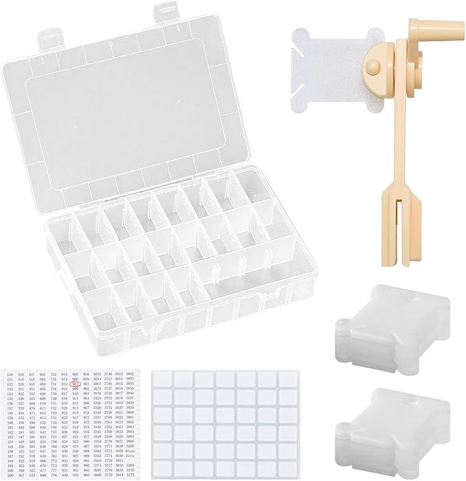 Embroidery Floss Organizer with 24 Compartments - Cross Stitch Thread Storage Box Includes 100 Plastic Bobbins, Stickers, Bobbin Winder for DIY Sewing Crafts