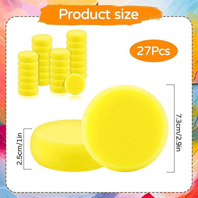 27 Pack Round Painting Sponge, 2.9 Inch Pottery Sponges, Yellow Synthetic Artist Sponges, Clay Sponge for Art Crafts, Pottery Making, Ceramic Decoration, DIY Projects and Daily Use