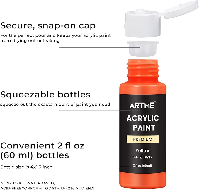 ARTME Acrylic Paint Set, 60 Colors in 2oz/60ml Bottles, Non Toxic, Waterproof, Rich Pigments Acrylic Paint for Artists, Students, Beginners Painting on Rocks Canvas Wood Clay Fabric Ceramic Crafts