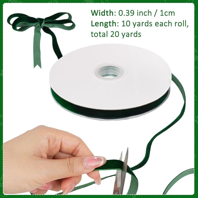 Dark Green Velvet Ribbon, 0.39 Inch x 20 Yards Single Faced Green Ribbon for Gift Wrapping, Bow Making, Christmas Tree Decorations, Wreath Making and DIY Crafts (10 Yards Each Roll)
