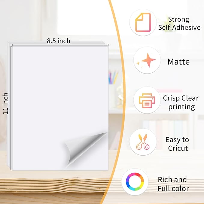 White Printable Sticker Paper, 20 Sheets Printable Sticker Paper, Laser/Inkjet Printing- Matte White, Letter Size (8.5" x 11")
