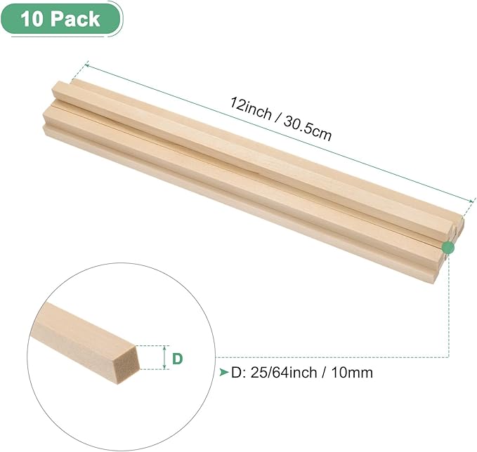 10-Pack Wood Square Dowel Rods, 25/64 x 12 Inch Unfinished Wooden Square Dowel Rod, Hardwood Square Dowel Sticks for Crafts/DIY Projects/Models Making [Wood Color]