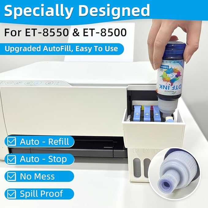Upgraded Auto-Fill DTF Ink for ET-8550, ET-8500, 100mlx6 Heat Transfer Ink Conversion Kit, High Density Pigment Ink - Compatible with All DTF Films&Printers(Anti-UV, ICC-Free)