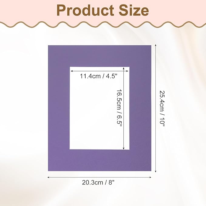Picture Mats, 8 x 10 for 5 x 7 Pictures Acid Free White Core Bevel Cut Frame Mattes for Display Art Measuring, Purple