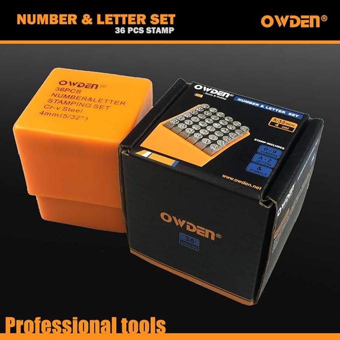OWDEN Professional 36Pcs.Steel Metal Alphabet and Figure Punch Set (5/32”) 4mm Uppercase,Steel Number and Letter Punch Set, Jewelry Craft Stamping Tool.