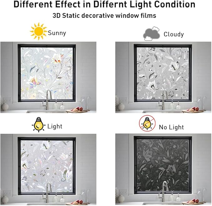 NINETREX Window Privacy Film,3D Stained Glass Window Film,Decorative Window Covering Sun Blocking Vinyl Static Cling Anti-UV Heat Control for Home Decor,Tulip 35.4 x 118.1inch