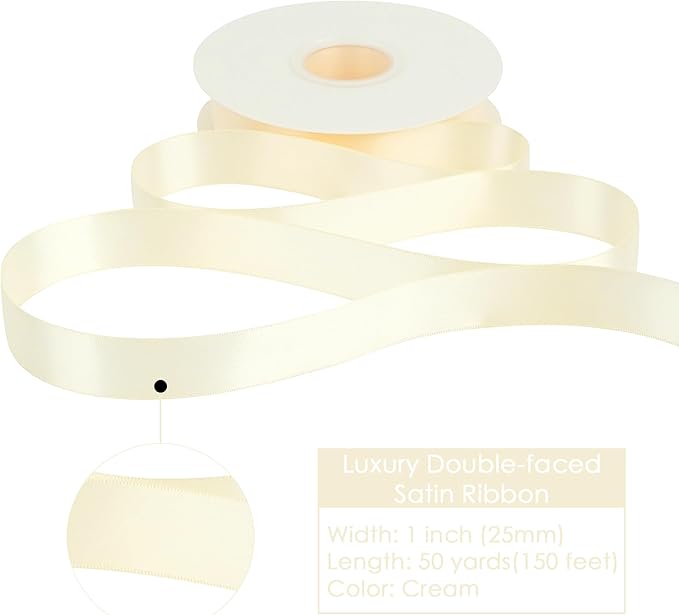 HUIHUANG Cream Ribbon 1 inch x 50 Yards Ivory Double-Faced Polyester Silk Satin Ribbon for Gift Wrapping, Wedding Invitations, Hair, Bows Making, Holiday Decor, Floral Arrangement
