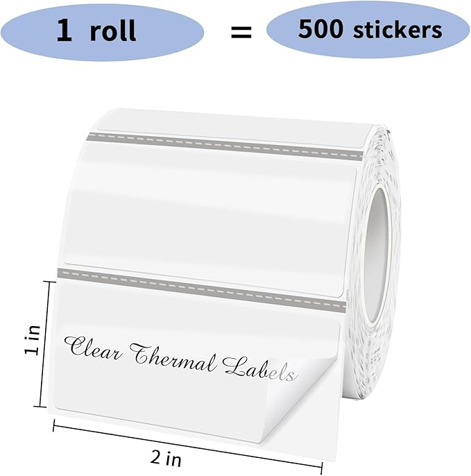 1" x 2" Transparent Thermal Label Stickers,Waterproof Thermal Printer Sticker Labels for Gift Wrapping, Self-Adhesive Name Price Tag DIY Custom Logo Design (500 pcs,Clear)