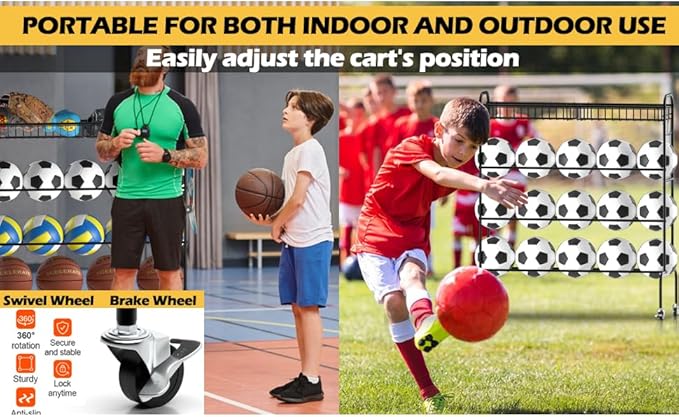 Ball Storage - 22.83" Basketball Cart With Wheels Garage Volleyball Storage Sport Equipment Holder Organizer For Indoor Outdoor,Metal Storage Rack For Playgroup,Gym And School