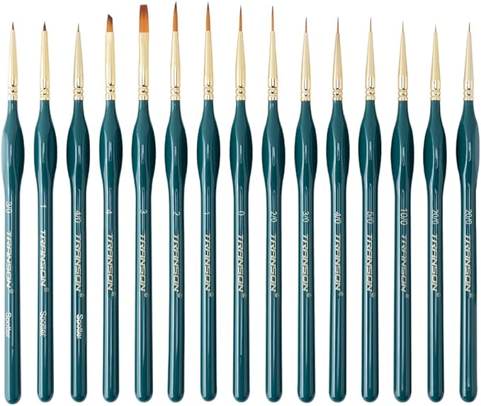 Transon 15-Piece Fine Detail Miniature Painting Brush Set for Acrylics, Watercolors, Crafts, Rocks & Face Painting