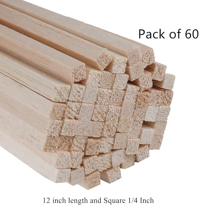60 Pack Square Wood Dowel Rods 1/4x1/4x12 Inch Balsa Wood Sticks Natural Wood Color Unfinished Wood for Cricut Maker Make Models of House Airplane Ship Boat DIY Wooden(6x6x305mm)