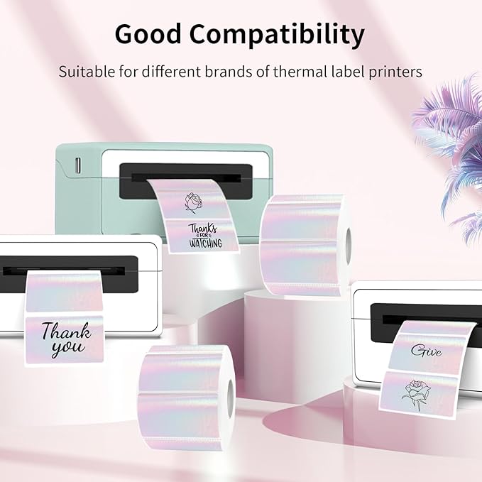 Transparent Clear Thermal Label Stickers, 2 x 1 Inch Printable Transparent Stickers, Holographic Pink Direct Clear Thermal Labels, Perforation Line Design- 200 Sheets