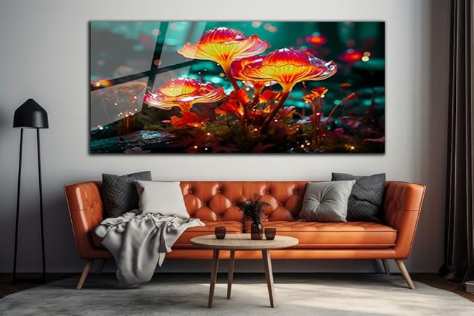 SpiritualHands Fantastic Mushrooms Glass Wall Art Oil Painting for Living Room, Tempered Glass Modern Prints Decor, Large Vivid Color Panel for Bedroom, Kitchen, or Office