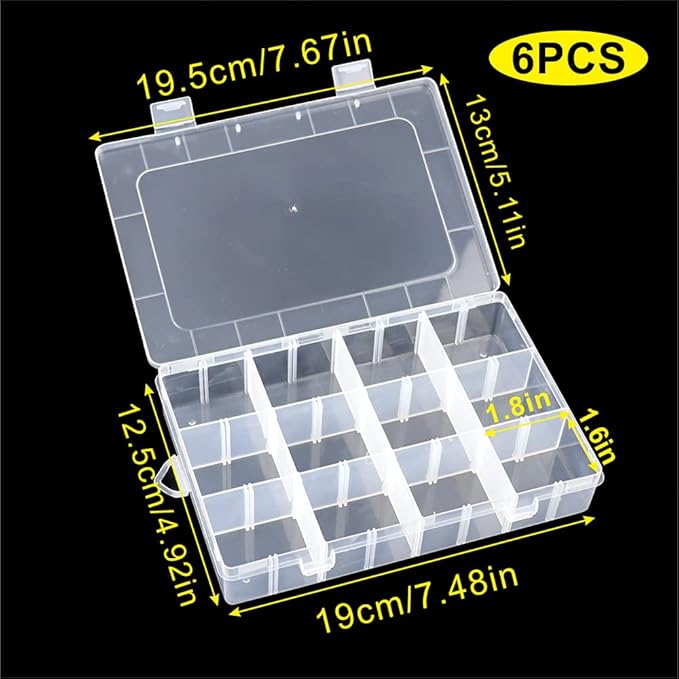6 Pack Organizer Box with Parkical Adjustable Dividers, 12 Grids Plastic Storage Container for Jewelry, Craft DIY, Bead Organizer, Sewing, Dip Powder, Hair Accessories