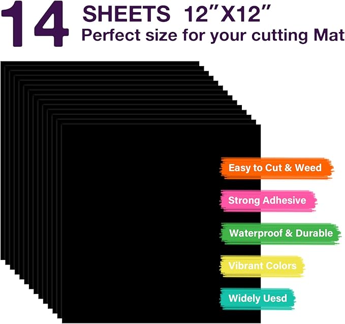 HTVRONT Black Permanent Vinyl - 14 Pack Black Permanent Adhesive Vinyl Sheets for All Cutting Machines 12in x12in Glossy Black Bundle for Craft Projects Durable Adhesive Bundle for Home Decor