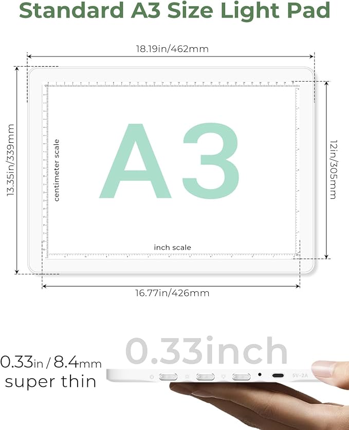 A3 Light Pad for Diamond Painting,Bawaslom Cordless Light Box for Tracing and Drawing with 3 Colors & 6-Level Brightness,Rechargeable LED Drawing Pad for Tracing,Diamond Art,Vinyl Weeding,Sketching