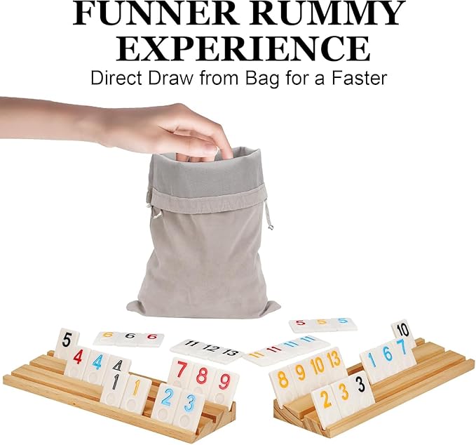 Upgraded 2-6 Players Rummy Cube Board Game Set with 6 Wooden Racks, 160 Tiles, Portable Case, Drawstring Bag and Dice, for Adults Friends Night Gifts Travel Party Sharpens Brain
