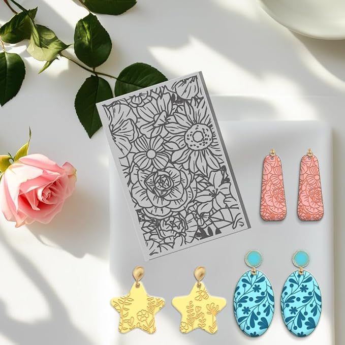 6 PCS Polymer Clay Texture Sheets Plants Clay Texture Mat for Using with Clay Cutters Pottery Earrings Jewelry DIY Making