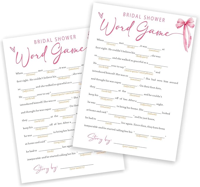 Wedding Shower Games Cards, Bridal Shower Word Game, Bridal Shower Games 25 Guests, Engagement Party Wedding Games for Guests, Pink Ribbon Bow Wedding Party Supplies - E16