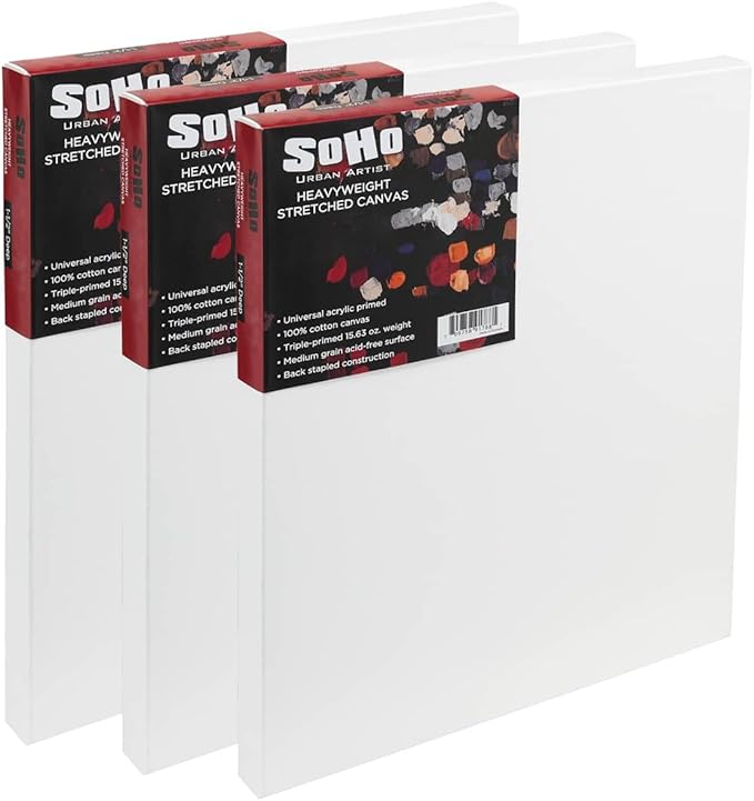 SoHo Urban Artist, 14x18 Heavyweight Stretched Cotton Canvas for Painting - 1.5" Deep- 3 Pack, Triple Primed, 100% Cotton Canvas, Archival, Universal Primed for Oil, Acrylic, Alkyd, Mixed Media