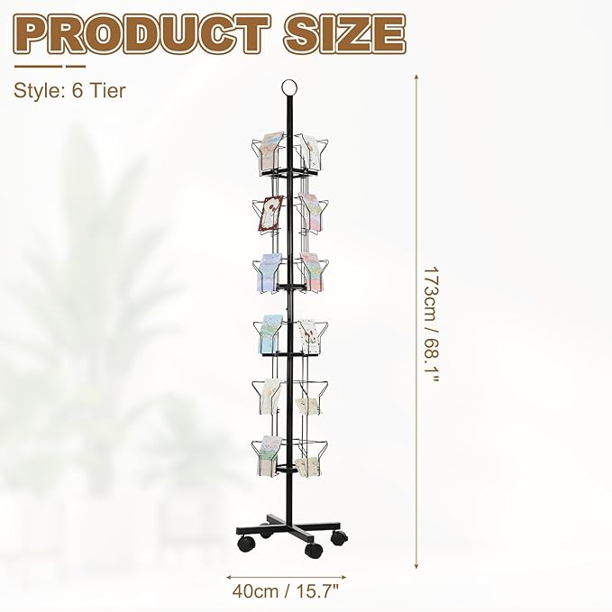 PATIKIL 6 Tier Rotating Greeting Card Rack, Metal Spinning Greeting Card Display Stand Portable Postcard Rack Holder Organizer for Postcard Sticker Photo Desk Book Stamp, Black
