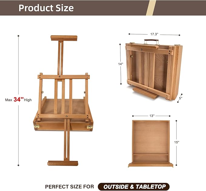 Large Sketchbox Table Top Easel with Dual Dawers- Adjustable Solid Beech Wood Artist Desktop Easel with Storage Holds Canvas up to 34'' High, for Markers, Sketch or Draw