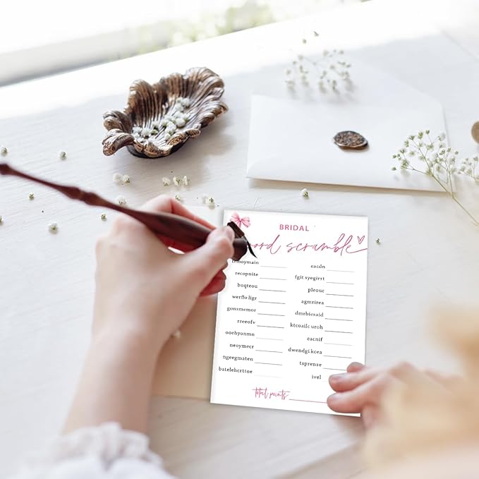 Bridal Shower Games Cards, Bridal Word Scramble, 25 Cards with 1 Answer Card, Engagement Party Games for Guests, Pink Ribbon Bow Wedding Party Supplies - E14