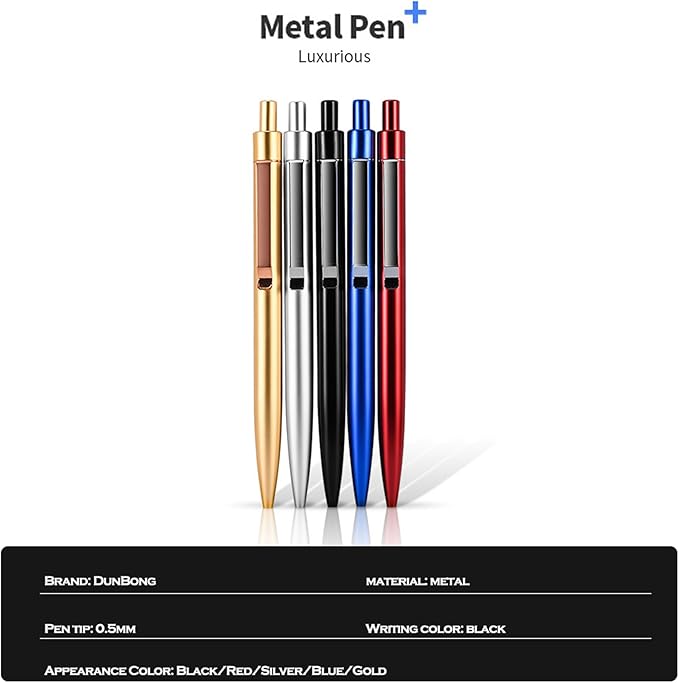 DUNBONG Black Metal Gel Pen, Gel Ink Ballpoint Pen, Black Ink, 0.5mm Retractable Ink Pen (Black)