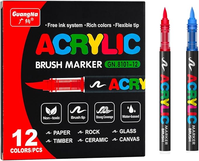 Acrylic Paint Markers Pens, 12 Vivid Colors Acrylic Markers Set,Direct Liquid Type, Stackable Color, Odorless Soft Head，Markers for School，Tooli Art ，Fabric & Creative Crafts (12)