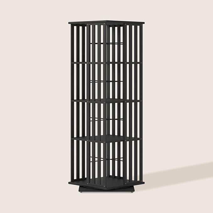 XIMN 360° Rotating Bamboo CD/DVD Shelf - 6-Tier Space-Saving Media Storage Cabinet for Movies, Organizer with Super Compact Design (Black, 4 Tier)
