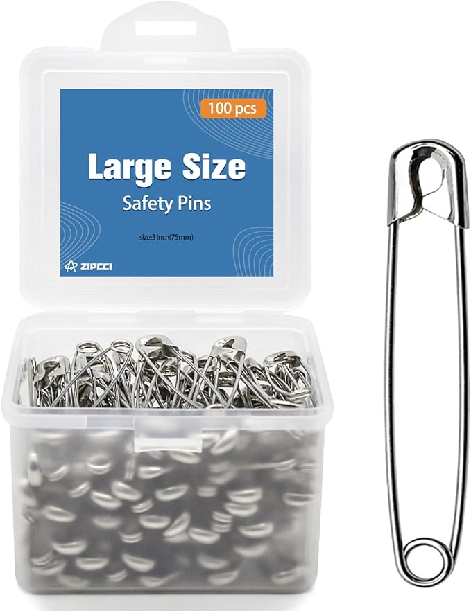 ZIPCCI 3 Inch Large Safety Pins - 100 Pcs Heavy Duty Steel Wire Pins (Large Size)