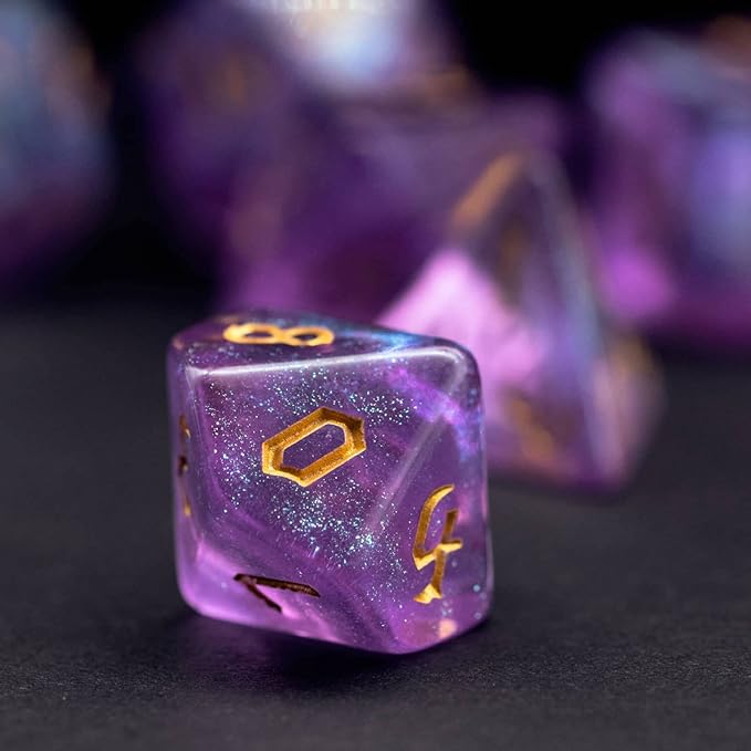 7-Die DND Dice Set Polyhedral Dice Set with a Leather Dice Bag, D&D Dice Set for Dungeons and Dragons, RPG Table Games (Purple/G)