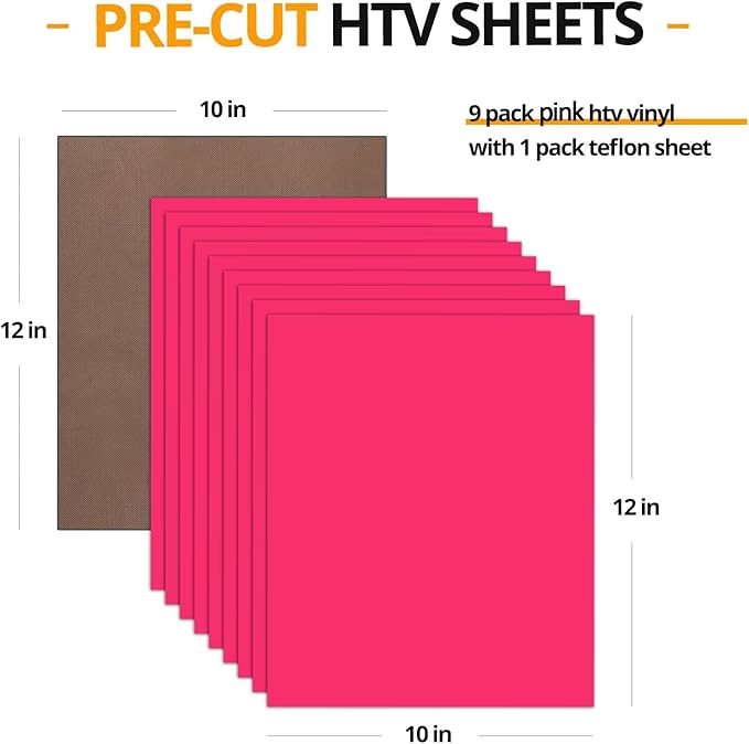 HTVRONT Pink Heat Transfer Vinyl Bundle - 10 Pack 12" x 10" HTV Vinyl for T-Shirt, Neon Pink Iron on Vinyl for All Cutting Machine or Heat Press Machine