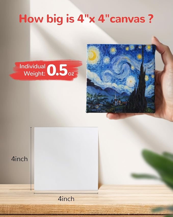 Mini Canvas Boards for Painting 36 Pack, 4x4 Inch Canvas Panels, 100% Cotton White Blank Art Supplies for Acrylics Oil Watercolor Tempera Paints