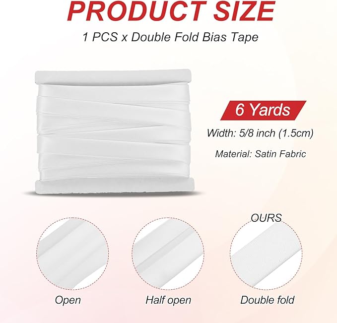 MECCANIXITY Double Fold Bias Tape for Sewing 5/8 Inch x 6 Yards Satin Pre-fold Continuous Binding Tape for Seaming Quilting Hemming Binding DIY Crafts, White