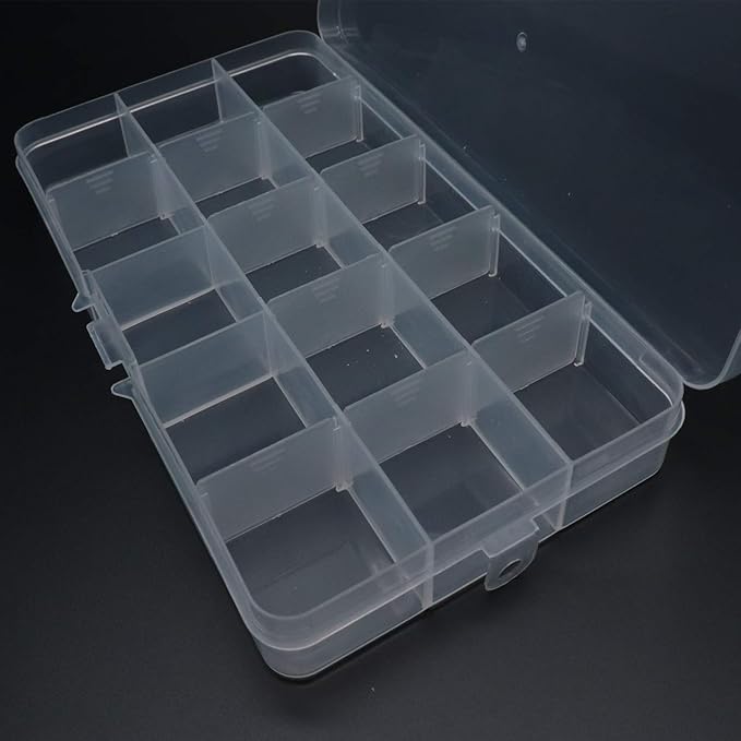Xiaoyztan Clear Plastic Organizer, 15 Small Grids with Adjustable Dividers, Jewelry Box Bead Storage Container for Small Parts, Fishing Tackle, DIY Crafts, and Earrings, 2Pcs