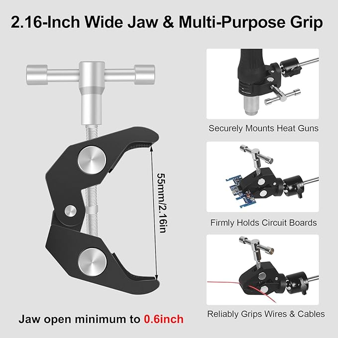 Helping Hands Soldering Magnetic Soldering Clamp with 2.16-inch Jaw Opening, Super Clamp with 1/4 and 3/8 Thread, Flexible Articulating Arms with Clamps, Magnetic PCB Clip for Repairing DIY Work