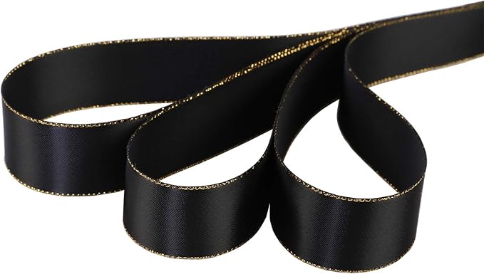 ITIsparkle 1" Inch Double Faced Satin Ribbon 25 Yards with Gold Edges, 1" X 25Yd - Black