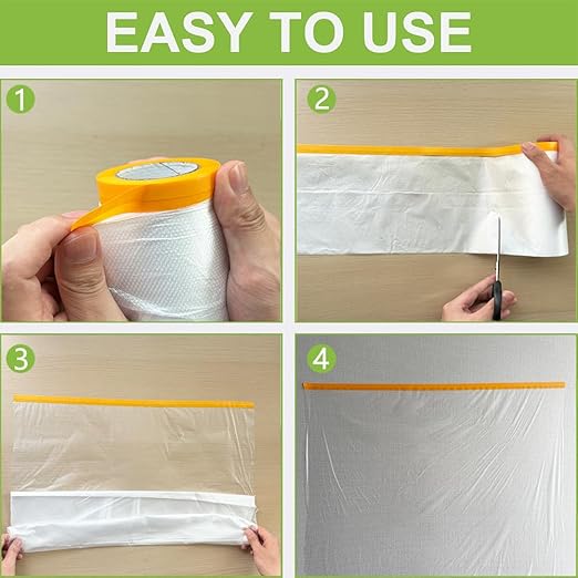 Pre-Taped Masking Film-70inx65ft Tape and Drape Painters Plastic Rolls, Plastic Painting Film for Automotive Painting Covering,Protective Drop Film for Furniture, Car, Floor (4rolls, 70in×65ft)