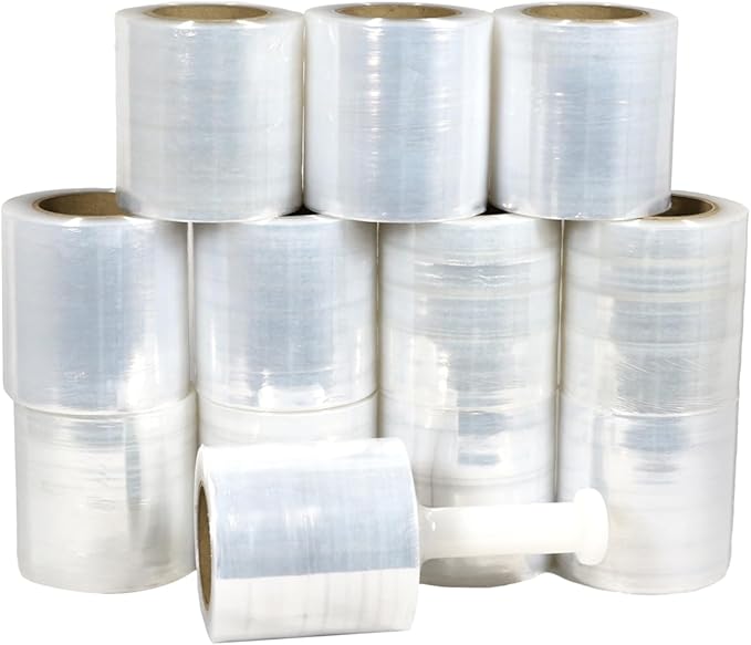 PSBM Mini Stretch Wrap with Handle, 12 Pack, 5 Inch x 1000 Feet, 80 Gauge, Clear, Small Plastic Cling Film for Pallets Moving Storing