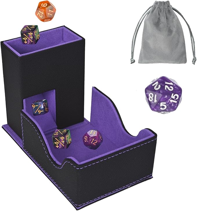 Dice Tower and Tray, Portable Commander Deck Box, Foldable Dice Storage Box for Dungeons and Dragons Rolling Tray Black/Violet