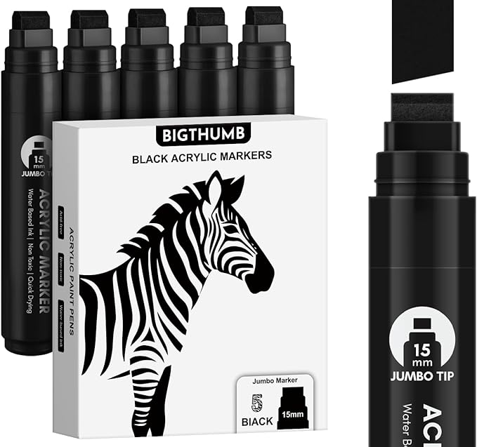 Black Poster Markers Jumbo: 5 Pcs 15mm Wide Tip Thick Acrylic Paint Pen Large Permanent Calligraphy Markers for Rock Painting, Stone, Poster, Canvas, Glass, Wood, Ceramic