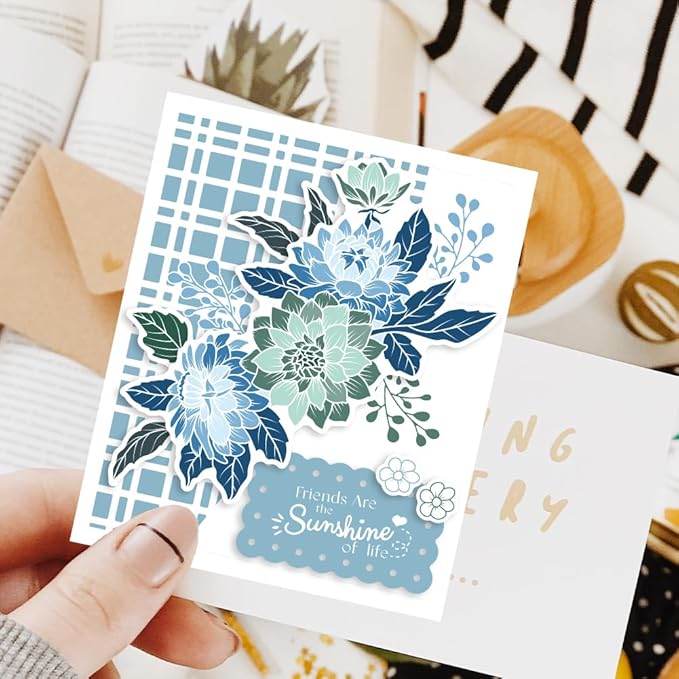 ORIGACH Realistic Dahlia Layering Stencils Set for Card Making, Dahlia Silicone Stamps and Die Sets and Flower Stencil Template for Scrapbooking DIY Crafting