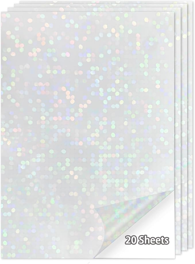 20 Sheets Holographic Sticker Paper,8.5x11 Inch Clear Printable Vinyl Sticker Papers,Self-Adhesive Waterproof for Inkjet/Laser Printer（Clear Dots）