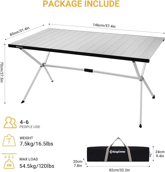 KingCamp Folding Camping Table Aluminum Roll Up Table Oversized Large Camp Table Stable Portable Outdoor Folding Table for Picnic Camping Barbecue Backyard Party,57.4''×31.4''4-6 Person,Support 120lbs