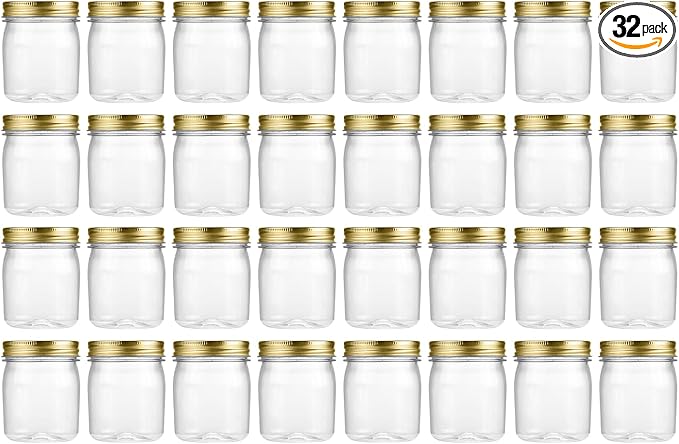 novelinks 8 oz Clear Plastic Jars with Screw-On Lids - BPA-Free Refillable Storage Containers for Slime, Spices, Crafts, Kitchen & Home Organization (32 Pack,Gold)